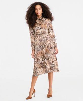 Women's EMMLESENA Leopard-Print Long-Sleeve A-Line Midi Dress