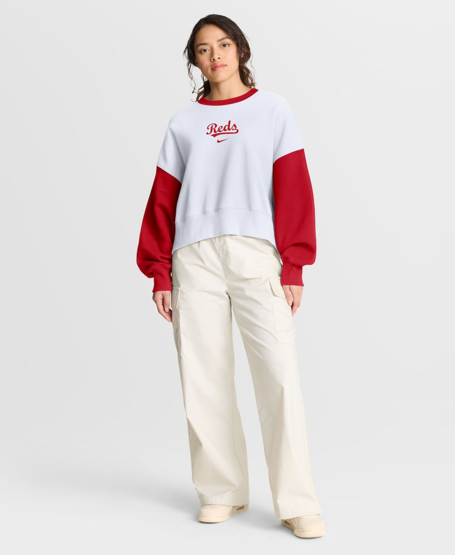 Women's White/Red Cincinnati Reds Oversized High Hip Fleece Sweatshirt