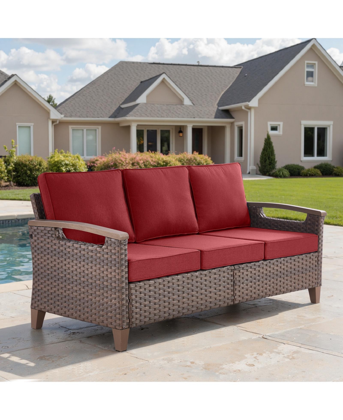 Pocassy Outdoor Patio Couch Sofa, All Weather Wicker 3 Seater Couch, Outdoor Seating Patio Furniture Sofa with Olefin Cushion