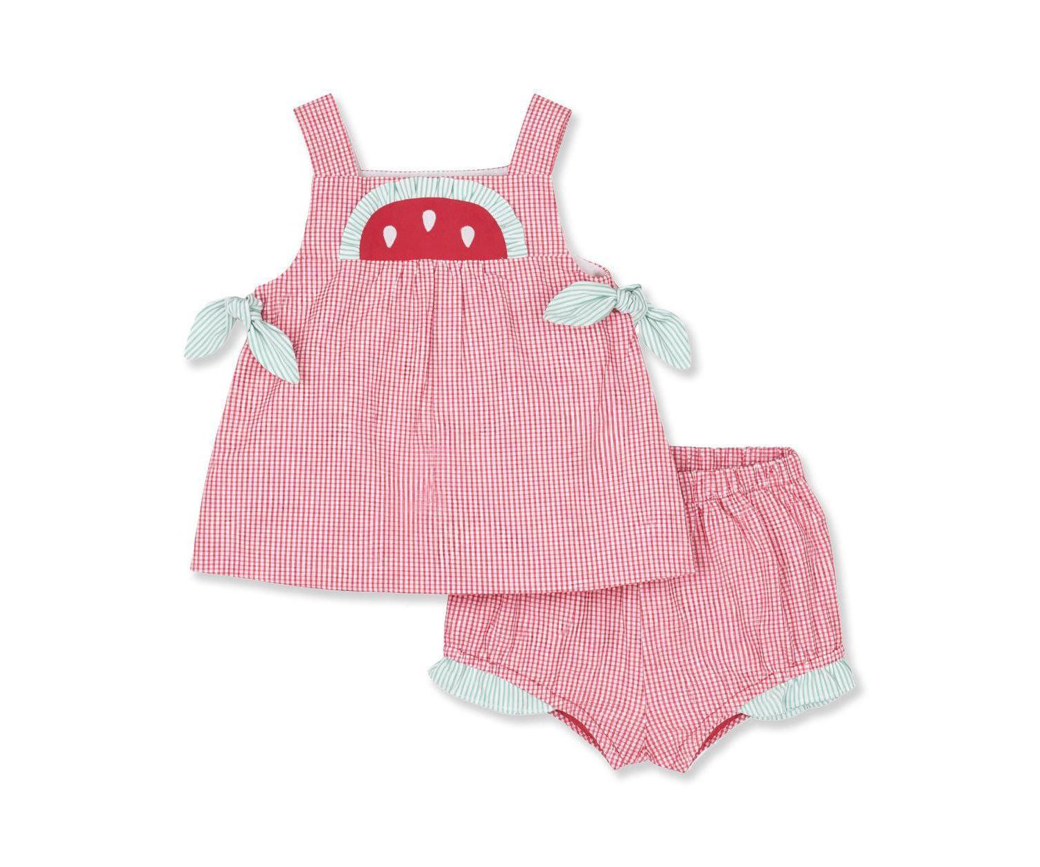 Baby Girl Check Seersucker Dress and Bloomer With Watermelon
