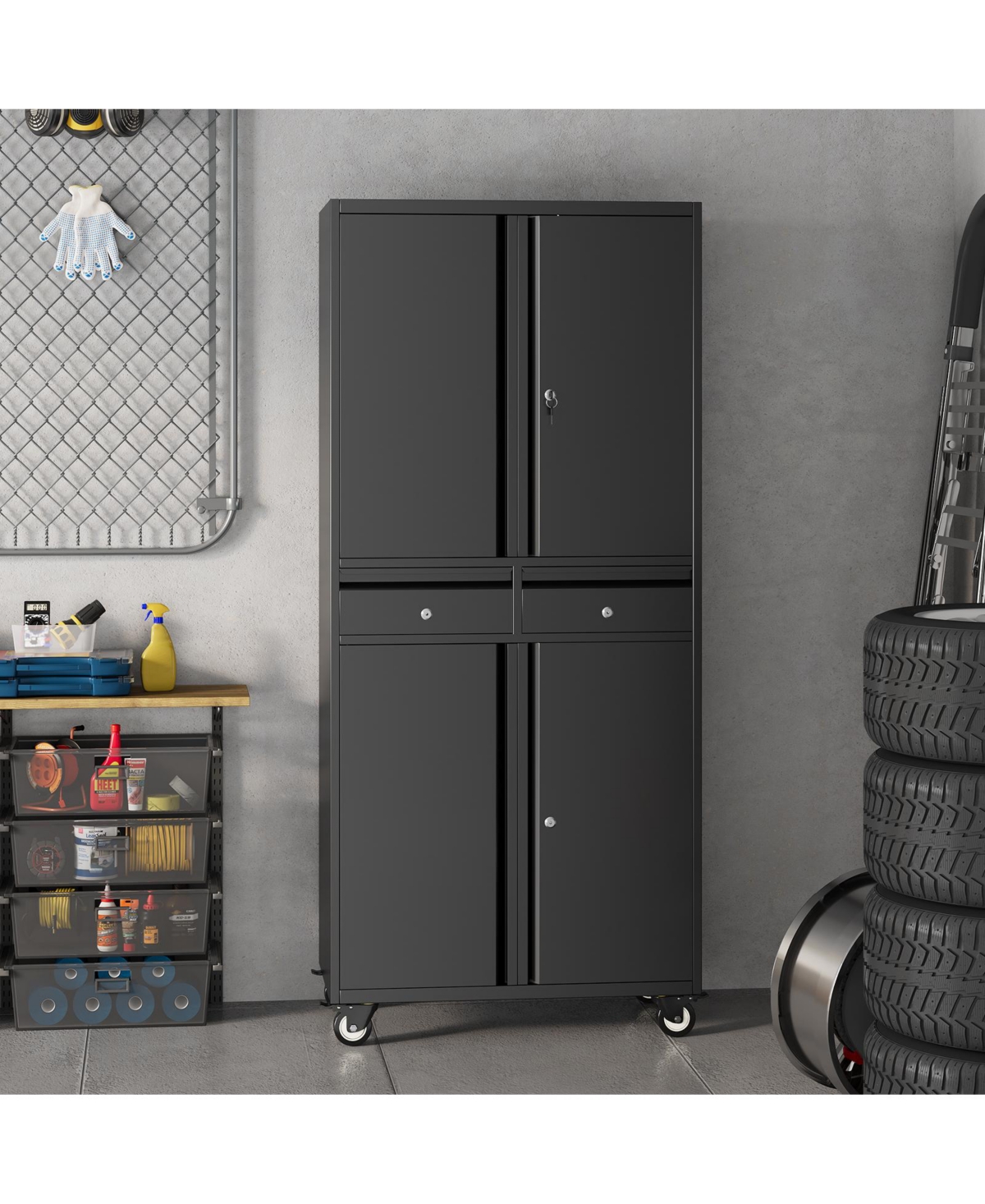 gaomon 73 Inch Heavy Duty Metal Storage Cabinet with Wheels, Locking Doors and 2 Drawers for Garage, Workshop, Office