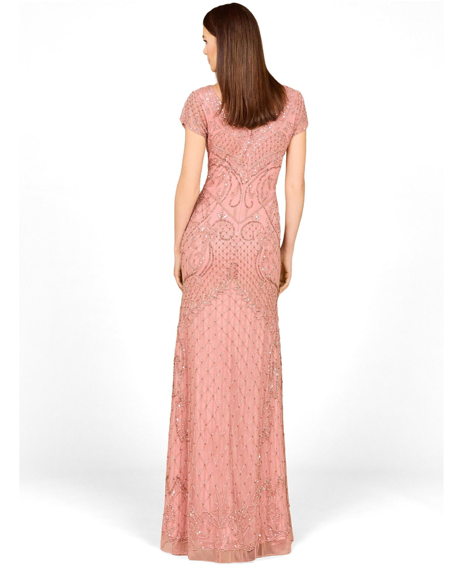 Women's Beaded Cap Sleeve Gown With V-Neckline