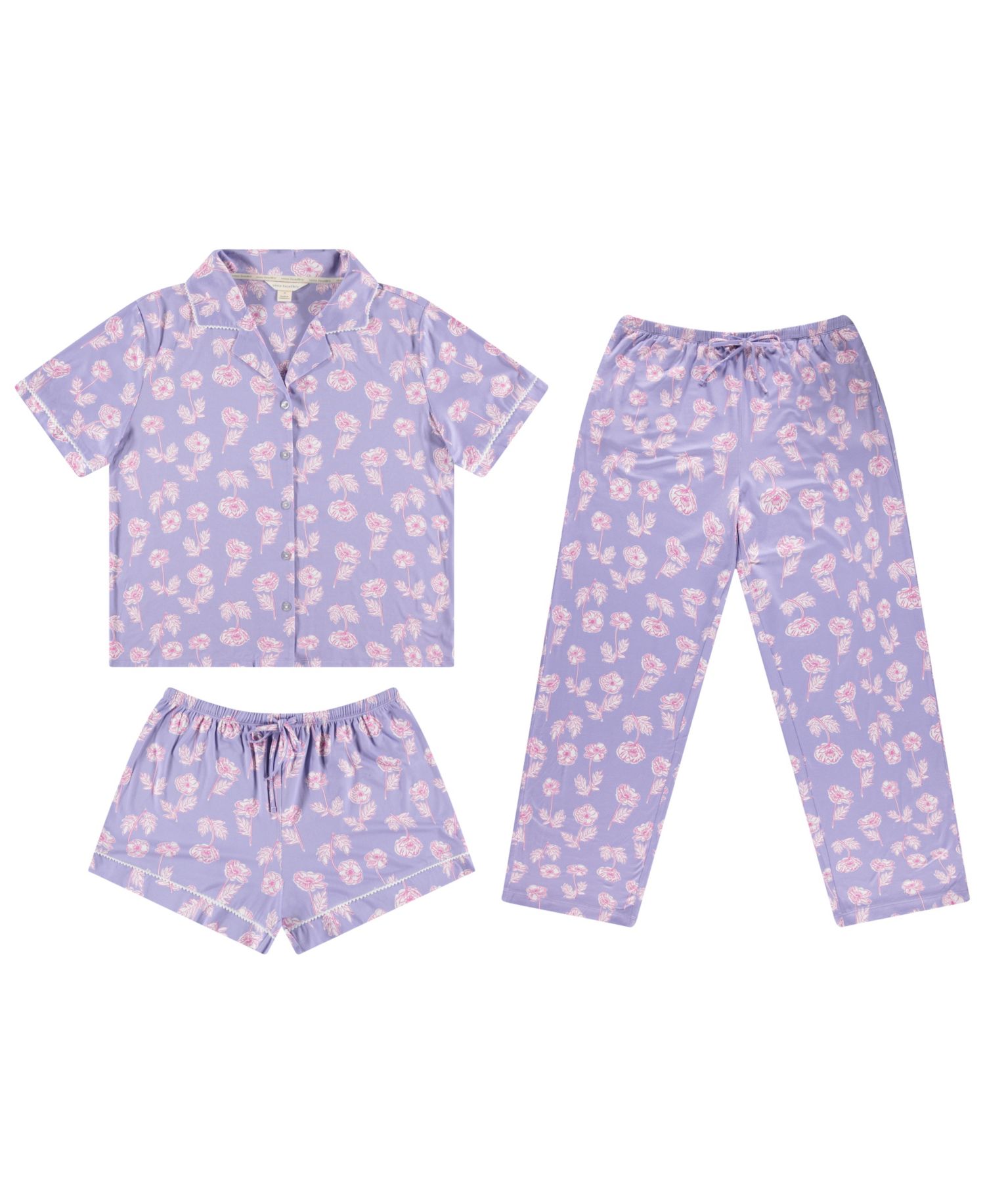 Women's Mix Match Notch-Neck Top with Pajama Shorts and Pants, 3-Piece set