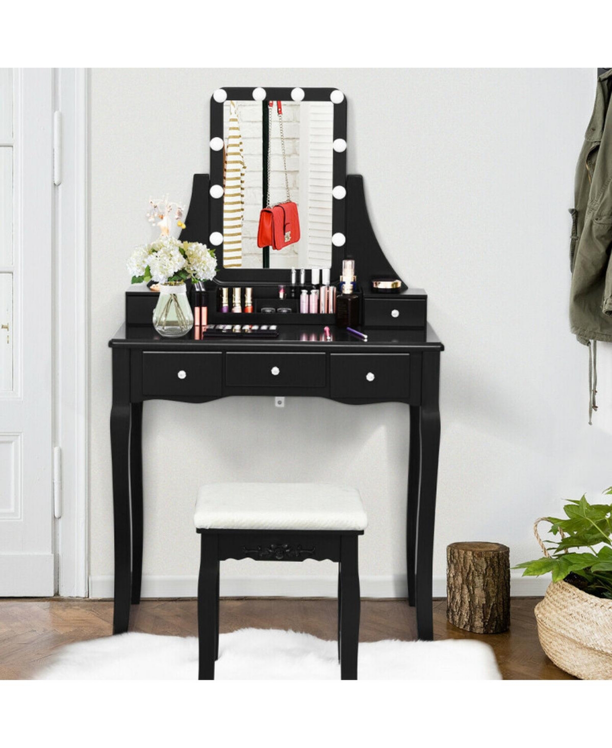Gouun Wood Vanity Table Set with Tri-Fold Mirror and Drawer