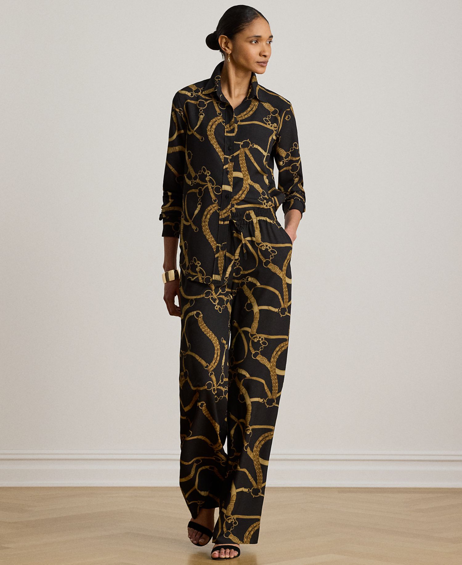Petite Classic-Fit Belting-Print Crepe Shirt
