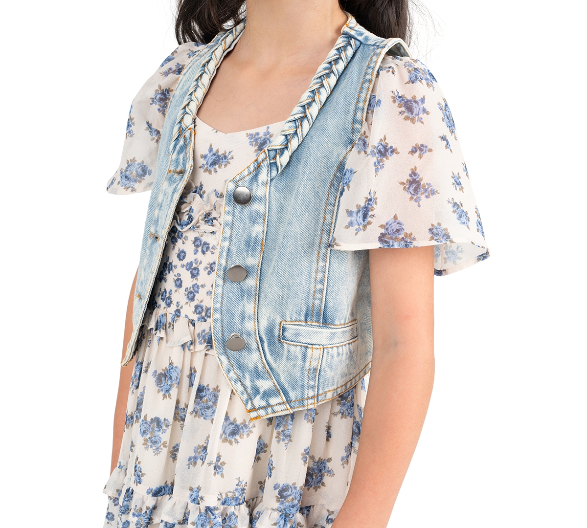 Rare Editions Girls' 2T-6X Denim Vest and Twin Printed Chiffon Dress, 2-Piece Set