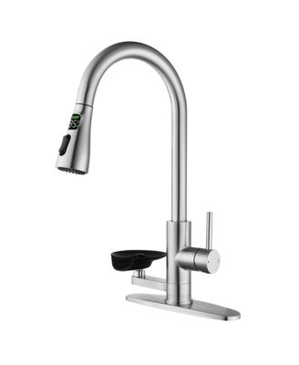 3 in 1 Kitchen Faucet with 3 Color LED Temperature Display Press Type Glass Rinser High Arc Pull Down Sprayer 3 Spray Modes Brushed Nickel