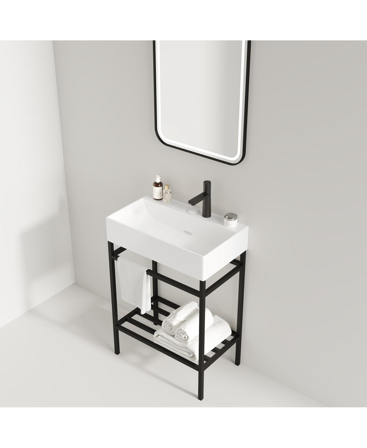 Sillysis Bathroom Vanity with Ceramic Integrated Sink, Metal Storage Shelf, Modern Freestanding Cabinet for Small Spaces