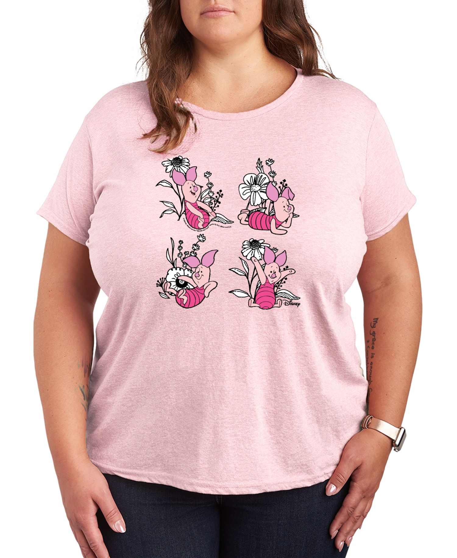 Plus Size Winnie The Pooh Piglet Flowers Graphic T-Shirt