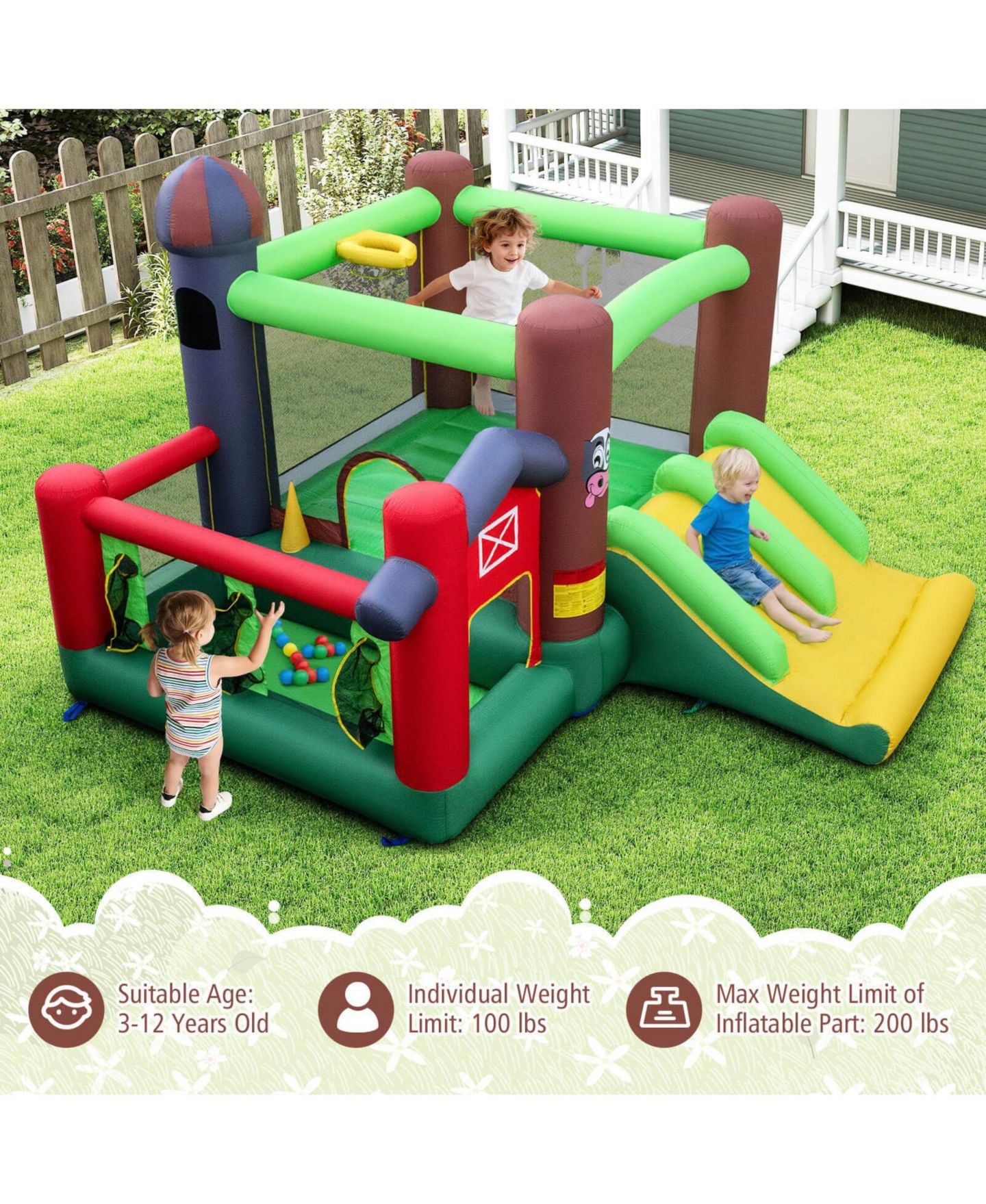 Детские игрушки Costway Farm Themed Inflatable Castle Bounce House with Double Slides and Ball Pit, Ages 3-12, цвет: Зелёный — фото 8