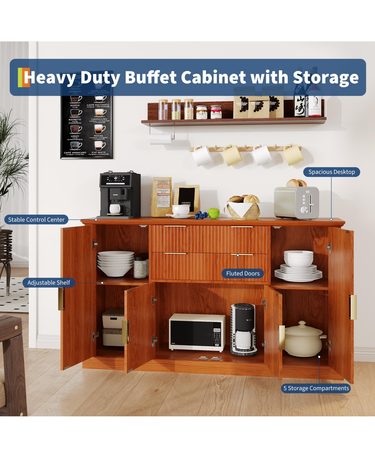 homfan Modern Fluted Sideboard Buffet Cabinet, 4 Doors and 2 Drawers, Adjustable Shelf, Storage Credenza for Dining Room or Living Room