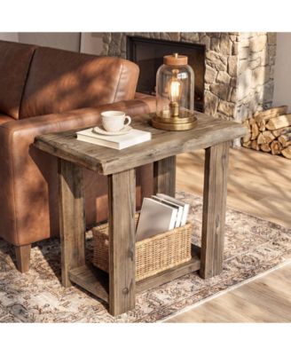 2-Tier Solid Wood End Table for Living Room, Narrow Side Table, Rectangle Farmhouse Nightstands for Living Room, Bedroom, Easy Assembly