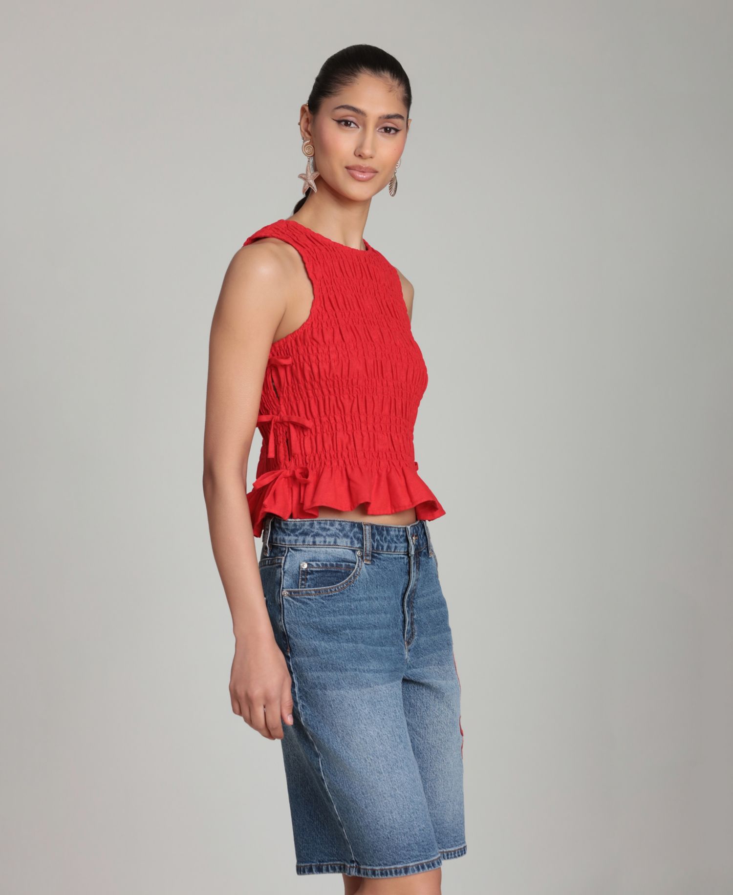 Women's Ruched Side-Tie Crewneck Top