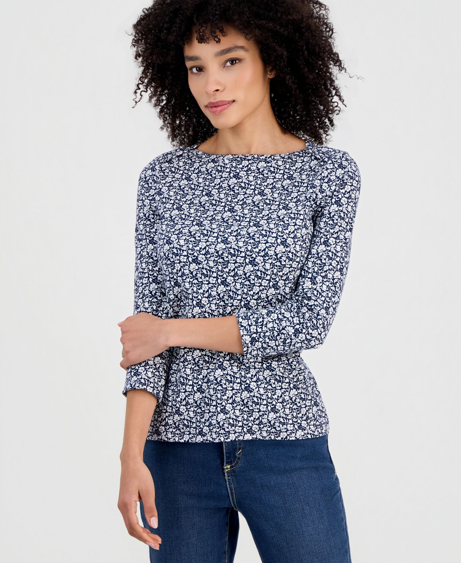 Petite Cotton Boat-Neck 3/4-Sleeve Top, Macy's Exclusive