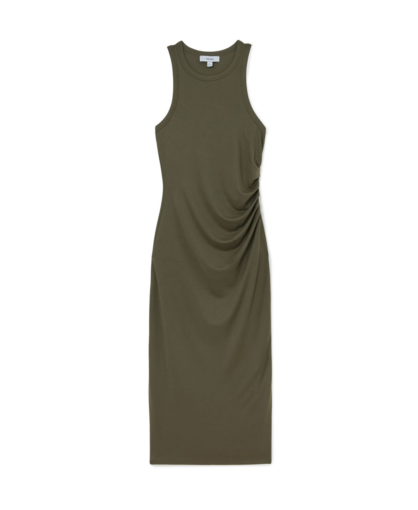 Женское платье REISS Jersey Ruched Racer Midi, цвет: Хаки зелёный — фото 4