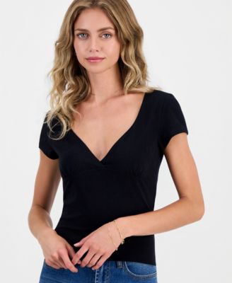 Juniors' Cap-Sleeve Surplice-Neck Top