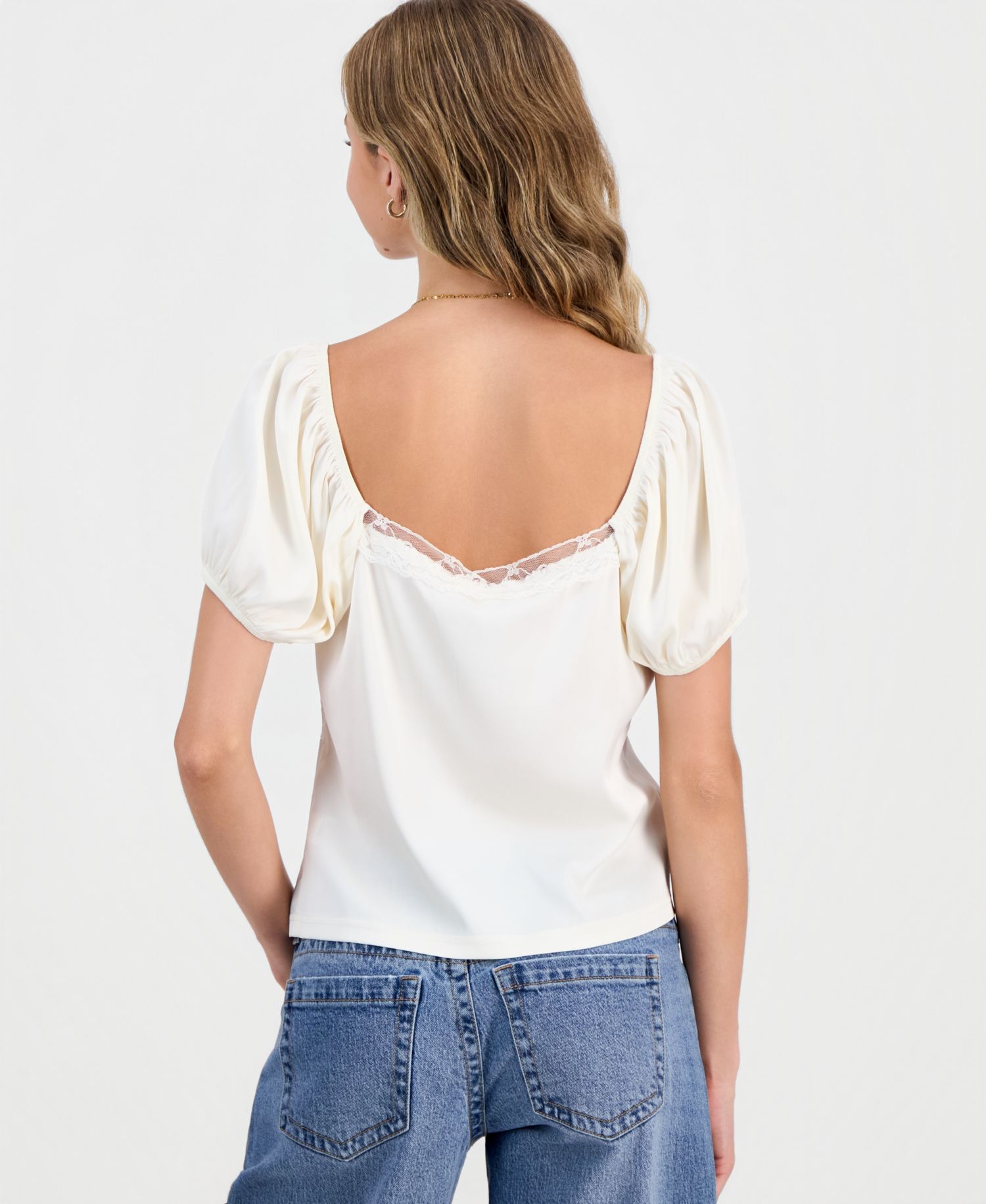 Juniors' Lace-Trim Satin Puff-Sleeve Top