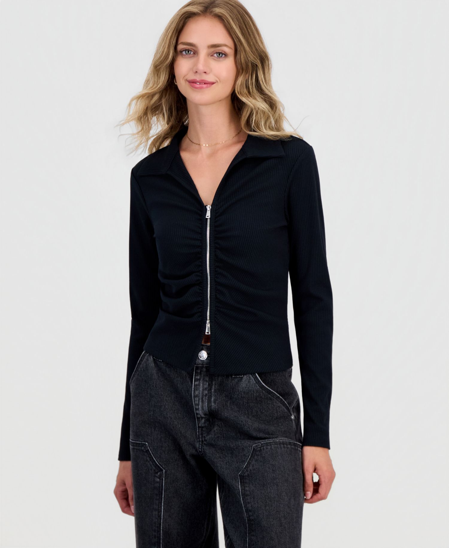 Juniors' Zip-Front Ribbed Knit Top