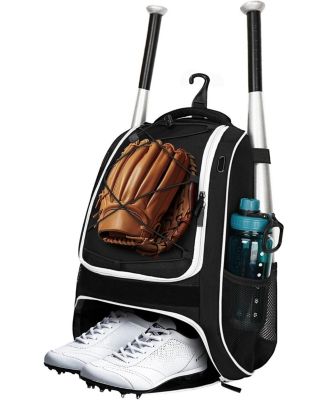 Youth Baseball Bag - Bat Backpack with Fence Hook and Separate Shoe Compartment, Waterproof Equipment Bag for Baseball, T-Ball and Softball