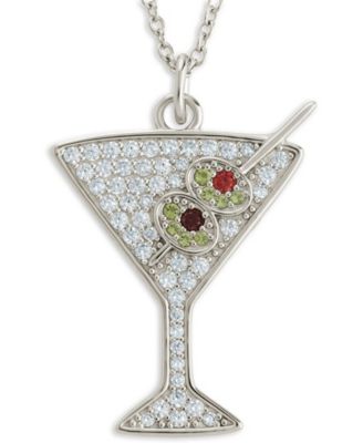 Rhodium-Plated Brass Pave Cubic Zirconia Martini Pendant Necklace