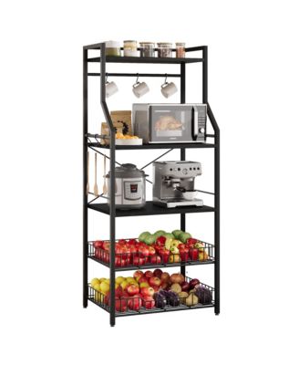 Kitchen baking rack, microwave rack with 2 large metal wire baskets, coffee bar, 5-tier multifunctional kitchen storage rack with 8 hooks