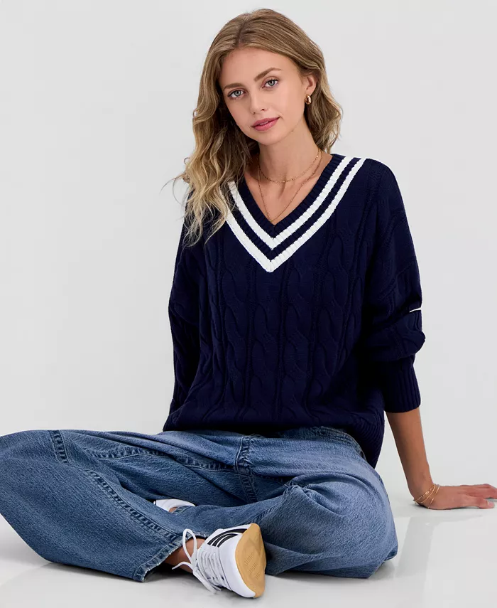 Juniors' V-Neck Varsity Cable-Knit Sweater - thumbnail 6