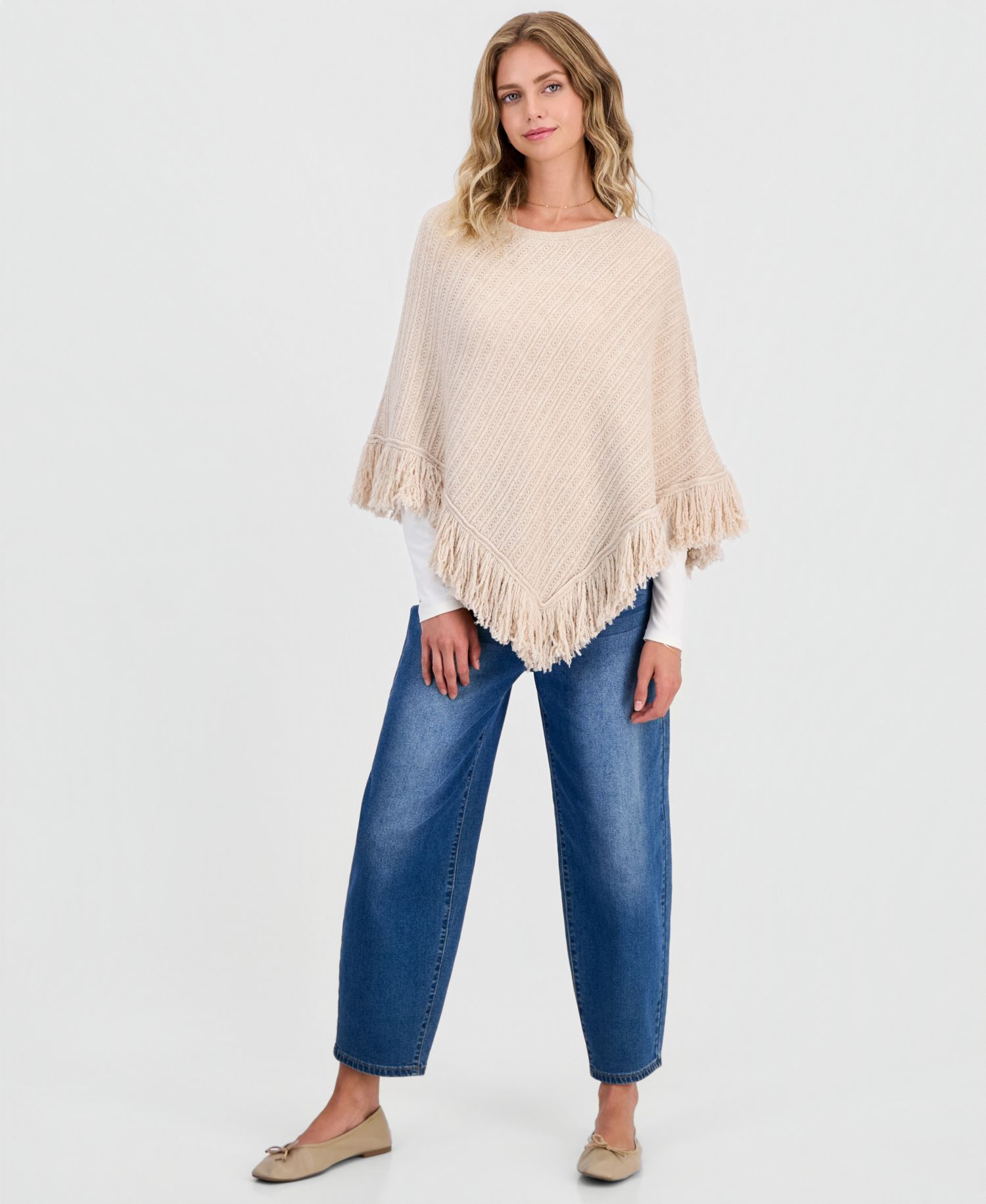 Juniors' Fringed Poncho Sweater