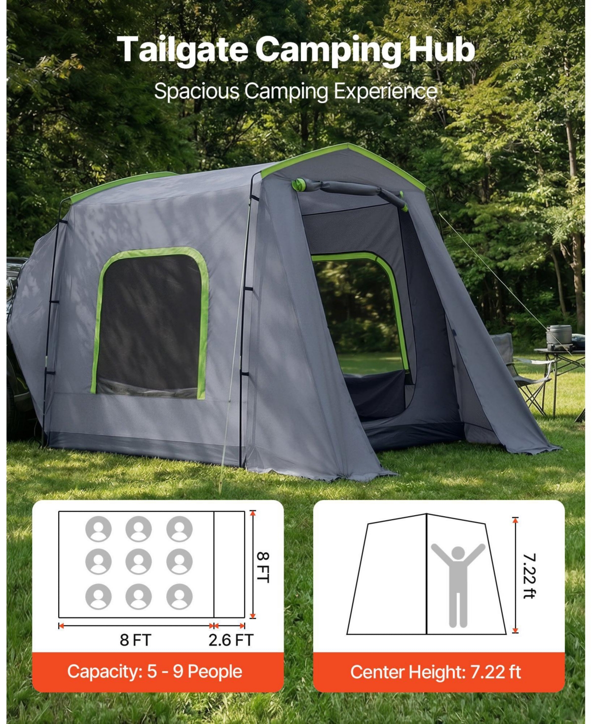 Cozito Large Suv Tailgate Tent 10.6 x 8 feet for 5-9 Person Camping with Mesh Windows