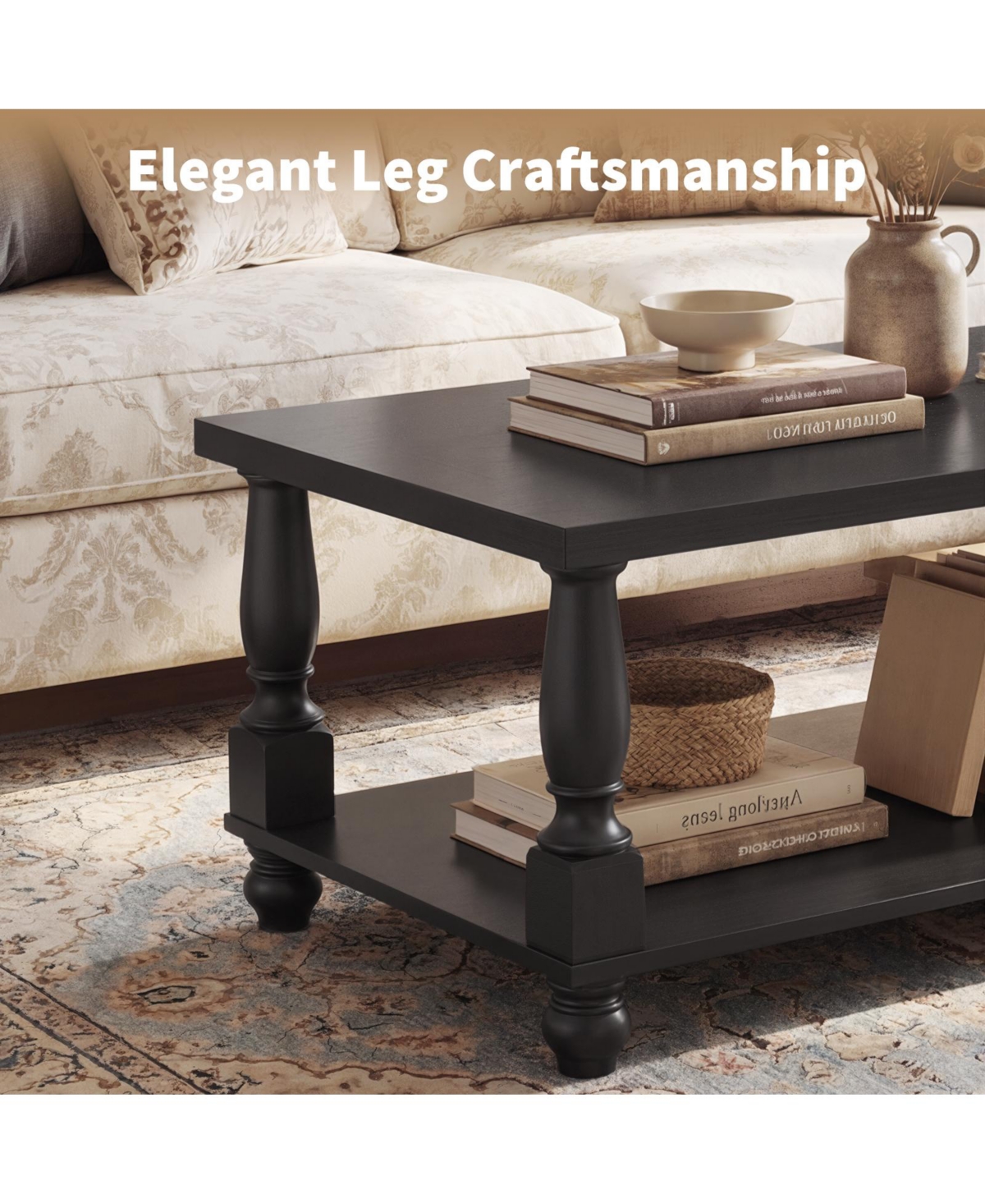 Aheaplus Farmhouse Coffee Table with Solid Turned Legs, 2-Tier Living Room Center Table with Storage