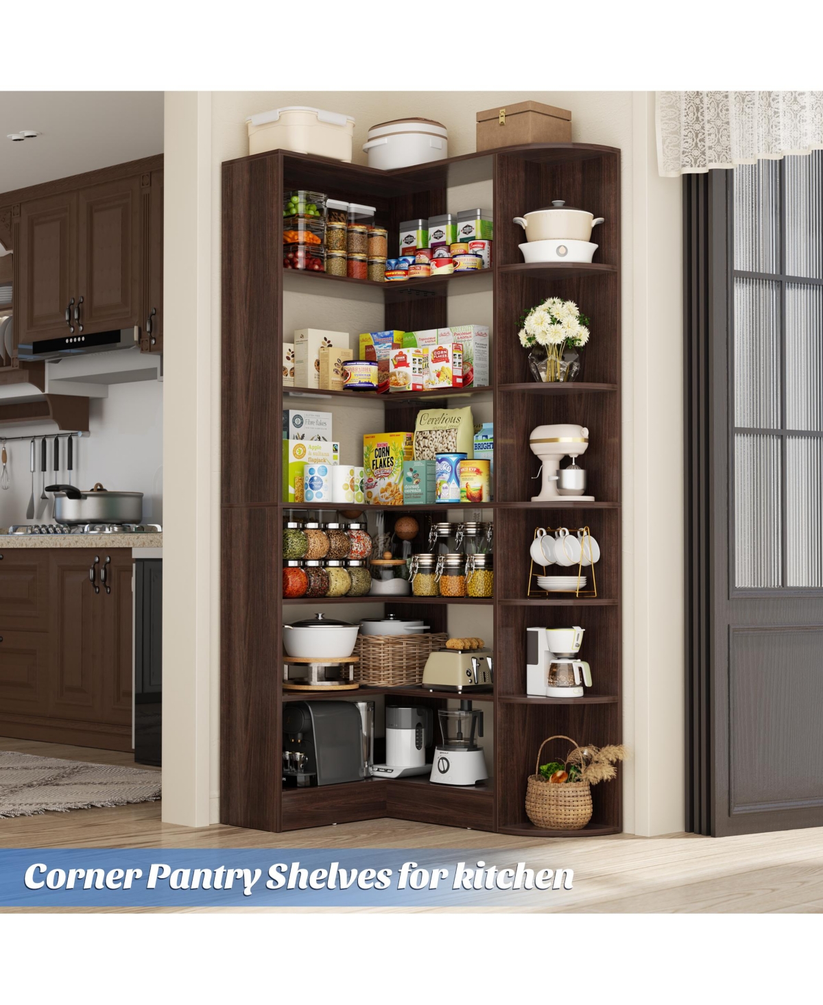 Aheaplus 71" Tall 6-Tiers Corner Bookshelf with Open Storage, Wooden Display Shelves for Bedroom