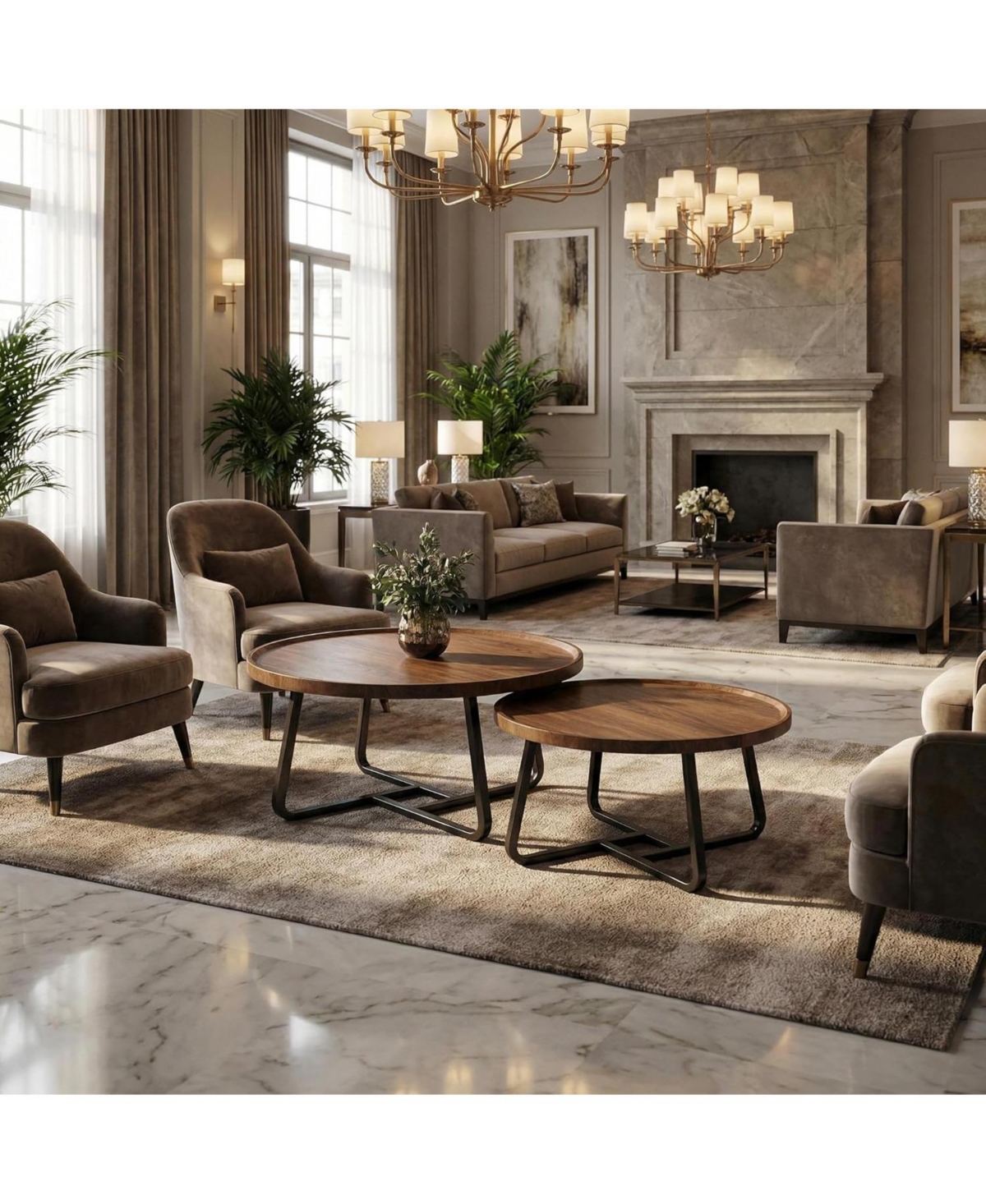 gaomon Modern Coffee Table Set of 2, Wrought Iron Small Round Tables, 80cm+60cm White Combo for Living Room or Office