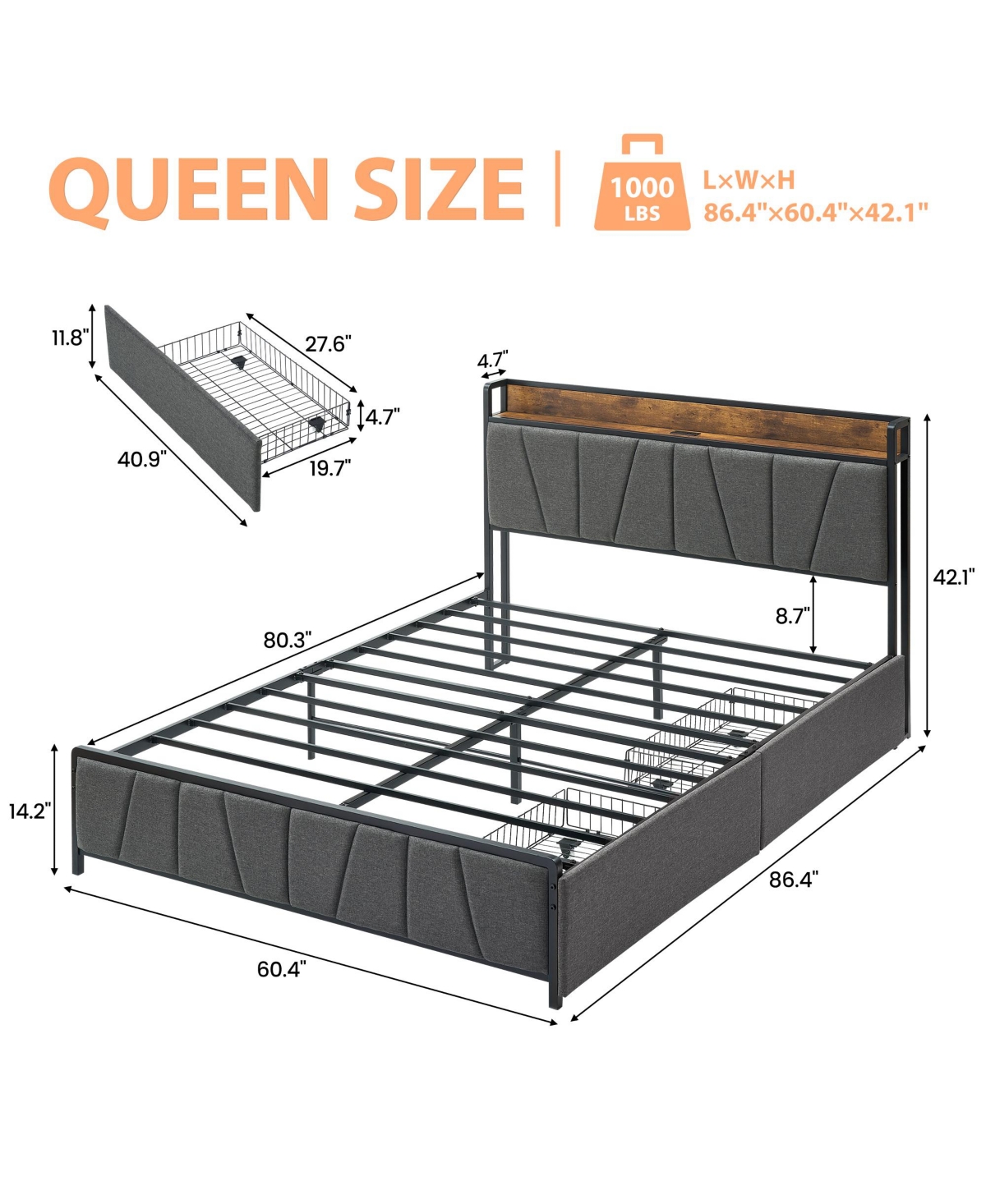 homfan Upholstered Bed Frame with Storage Headboard, Charging Station, 2 Drawers, Metal Slat Support
