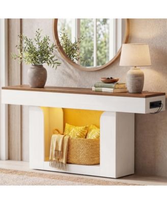  Entryway Table with Charging Station, Console Table with RGB LED Light, Wooden Sofa Table