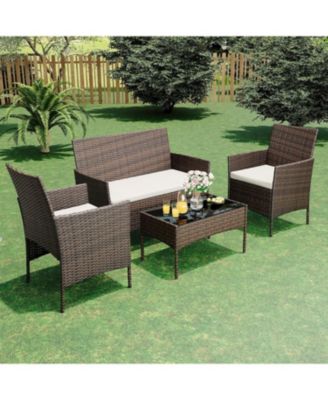 Patio Rattan Set with Glass Table Wicker and Cushions