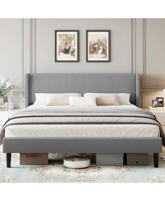 Upholstered Platform Bed Frame with Wingback Headboard, 2 Storage Pockets, Wood Slat Support, Box Spring Not Required
