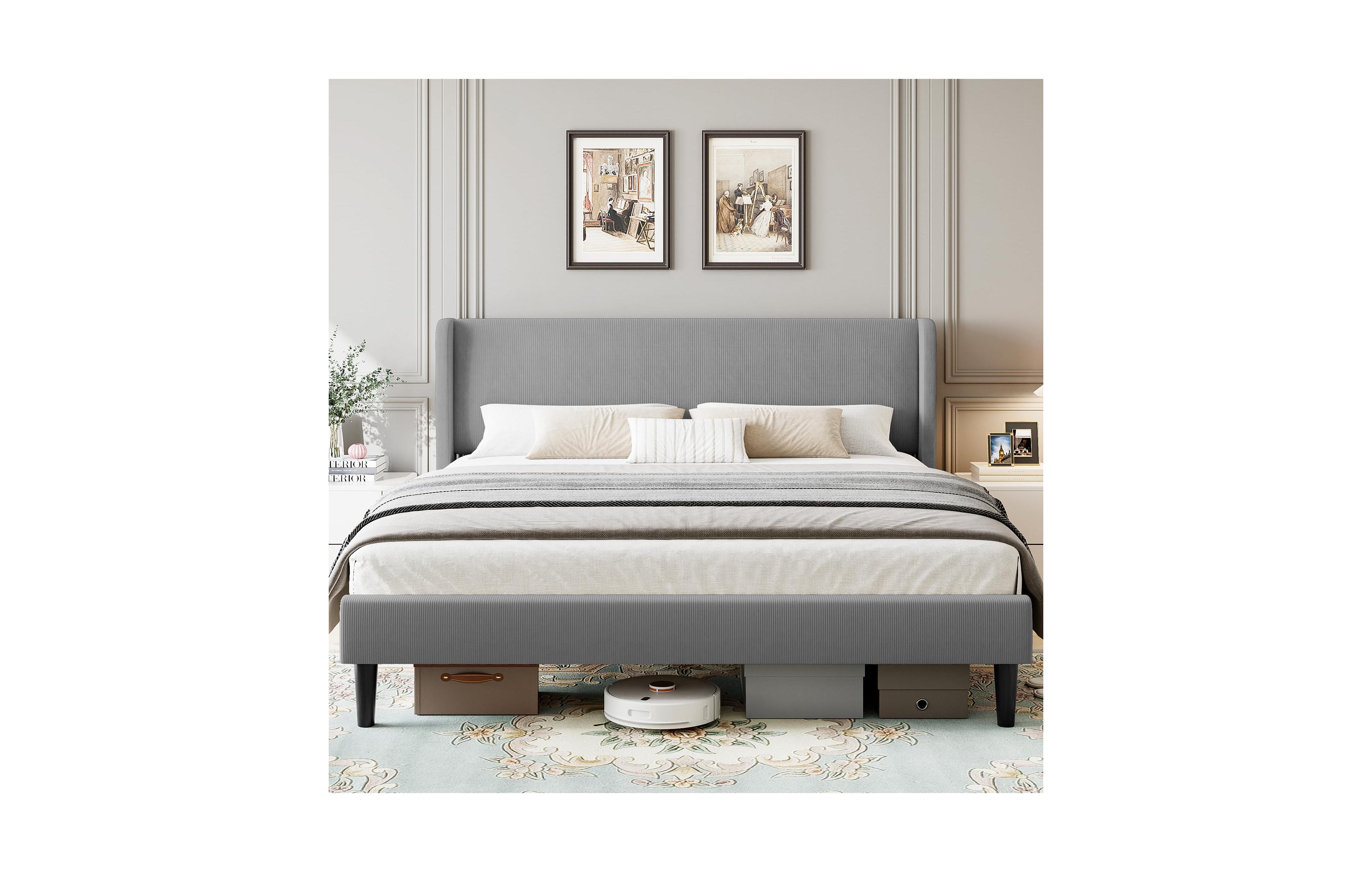 homfan Upholstered Platform Bed Frame with Wingback Headboard, 2 Storage Pockets, Wood Slat Support