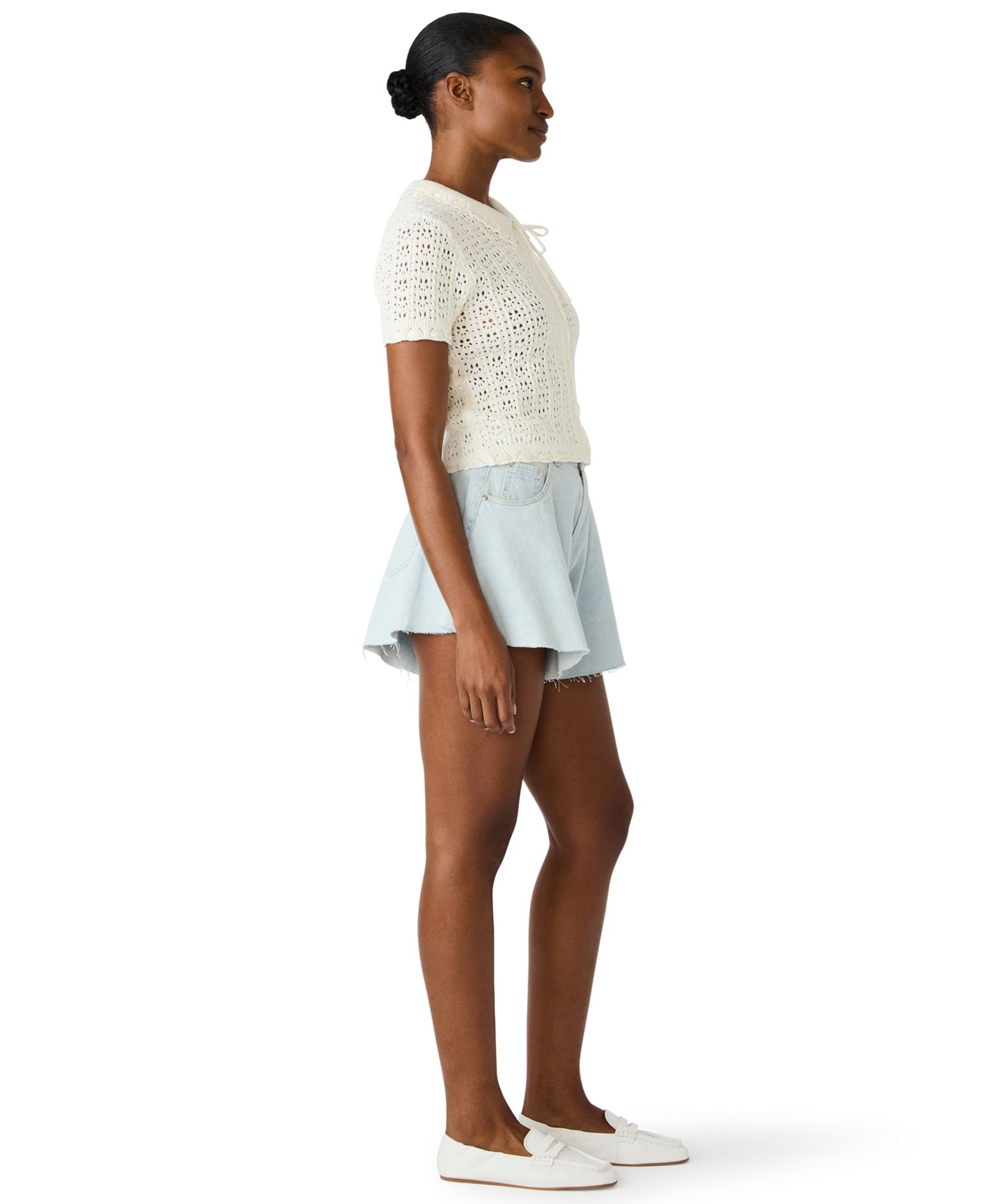 Women's Pointelle Ruffle Collared Cardigan Sweater
