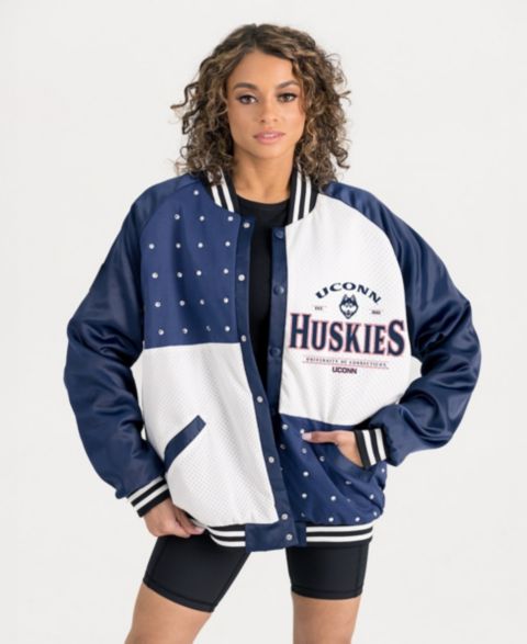 Женские куртки Gameday Couture Women's Navy UConn Huskies Oversized Inner Drive Varsity Rhinestone Full-Snap Bomber Jacket