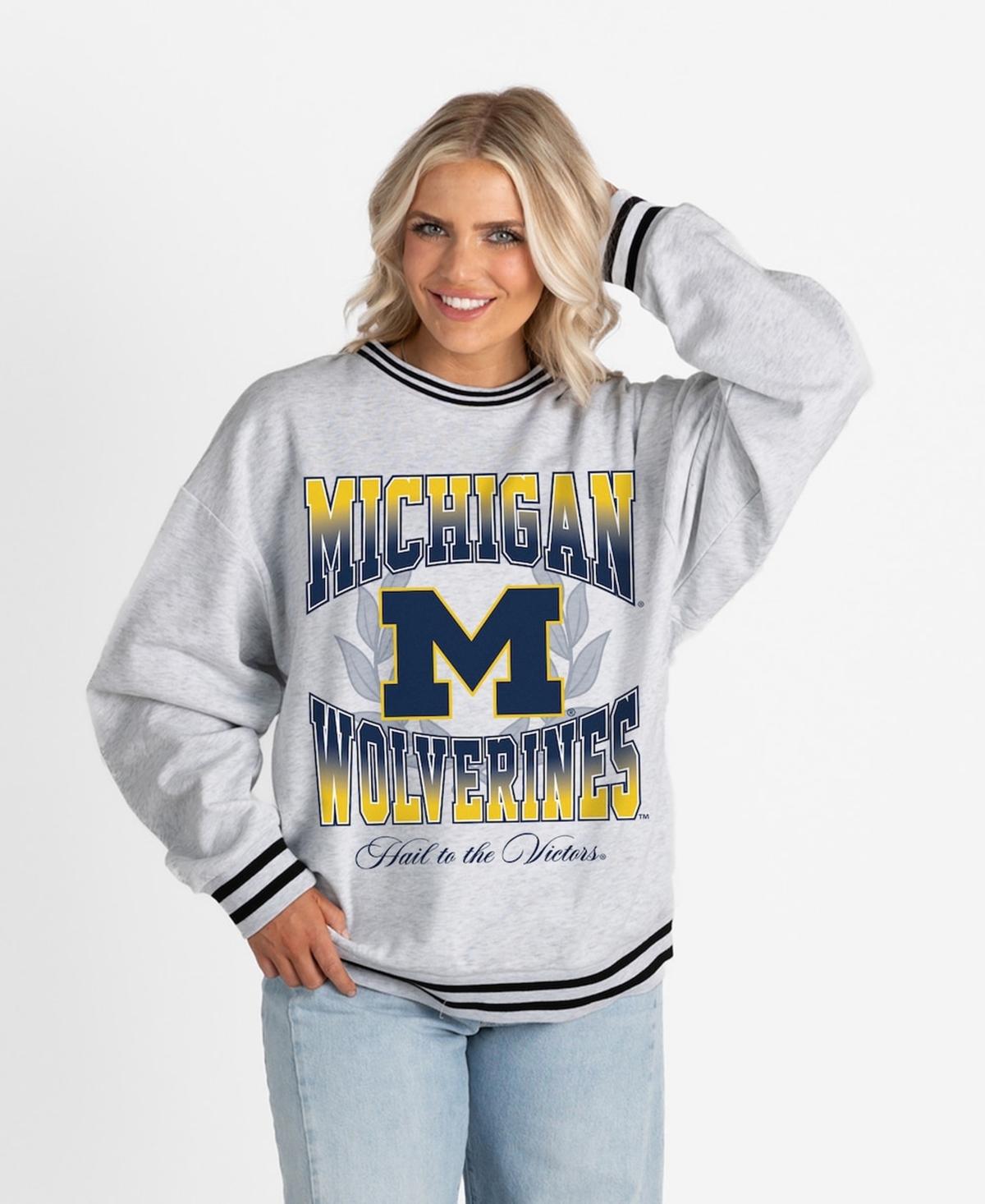 Gameday Couture Women's Ash Michigan Wolverines Oversized Fade Route Ringer Stripe Sweatshirt