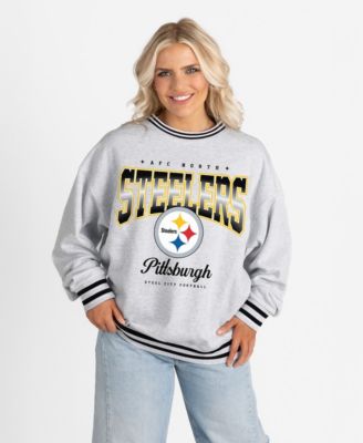 Women's Ash/Black Pittsburgh Steelers Oversized Gridiron Drive Ringer Stripe Sweatshirt