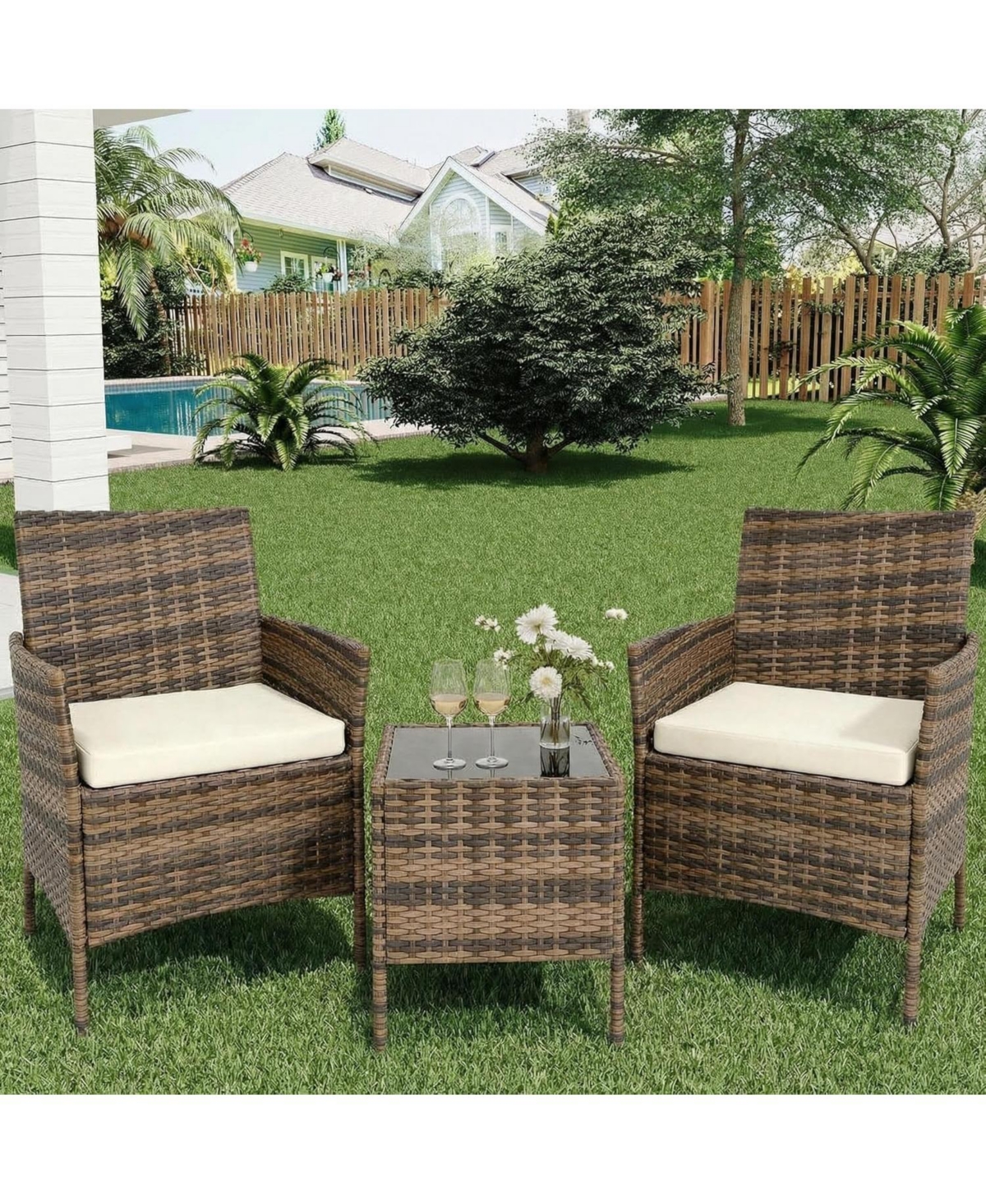 gaomon Wicker Bistro Set with Glass Table and Cushions