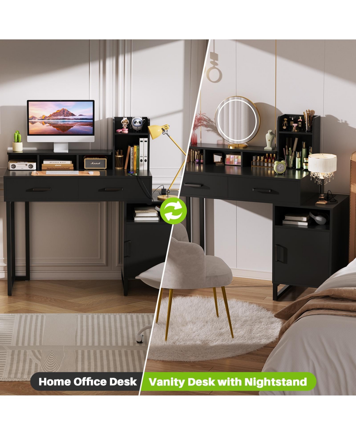 Aheaplus Vanity Desk with Charging Station, Makeup Table Storage Drawers, Cabinet, Shelves
