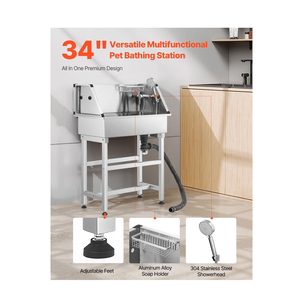 Ruie 34 inch Stainless Steel Dog Grooming Tub with Hot Cold Faucet and Storage Rack