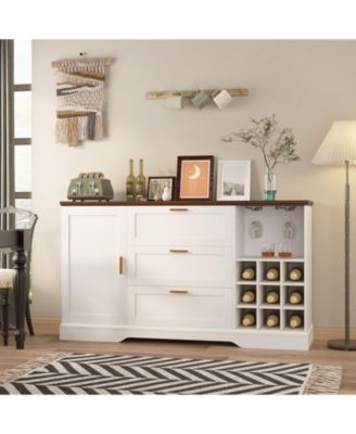 63 Inch Farmhouse Sideboard with Wine Racks, MDF Buffet Cabinet, Drawer and Adjustable Shelves, for Kitchen and Dining Room