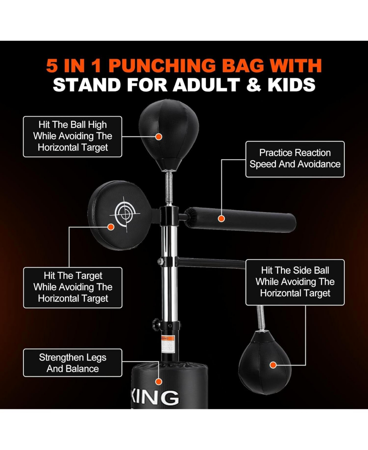 Xo 5-in-1 Punching Bag with Stand, Freestanding Heavy Boxing Bag with Suction Base, Adjustable Training Equipment for Mma Kickboxing Home Gym