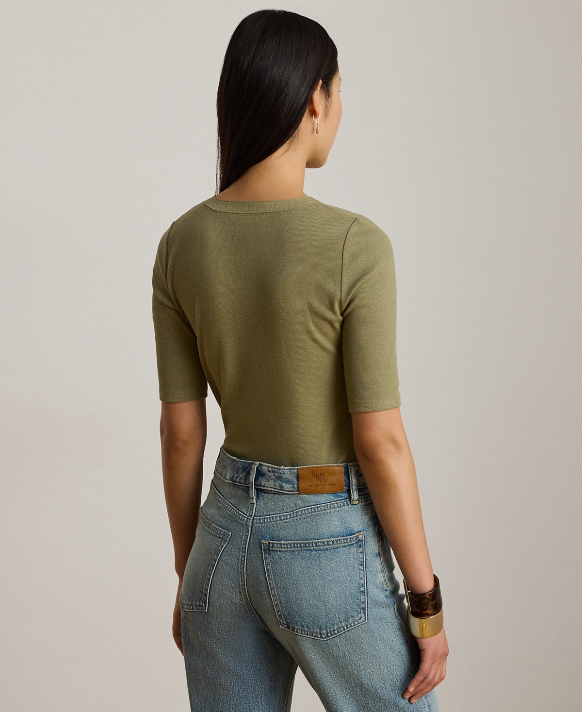 Lauren Ralph Petite Crewneck Lace-Up Ribbed Elbow-Sleeve T-Shirt
