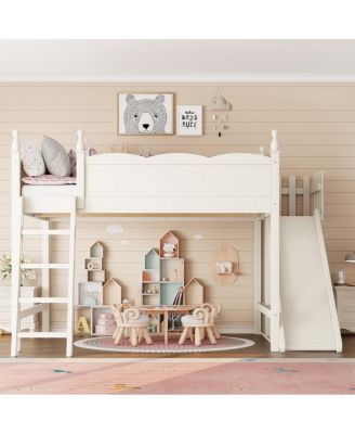 Loft Bed with Storage, Wardrobe, and Slide, Solid Wood