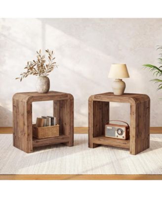 2-Tier Solid Wood End Table Set of 2, Farmhouse Rustic Nightstand,Narrow Side Table with Storage Shelves