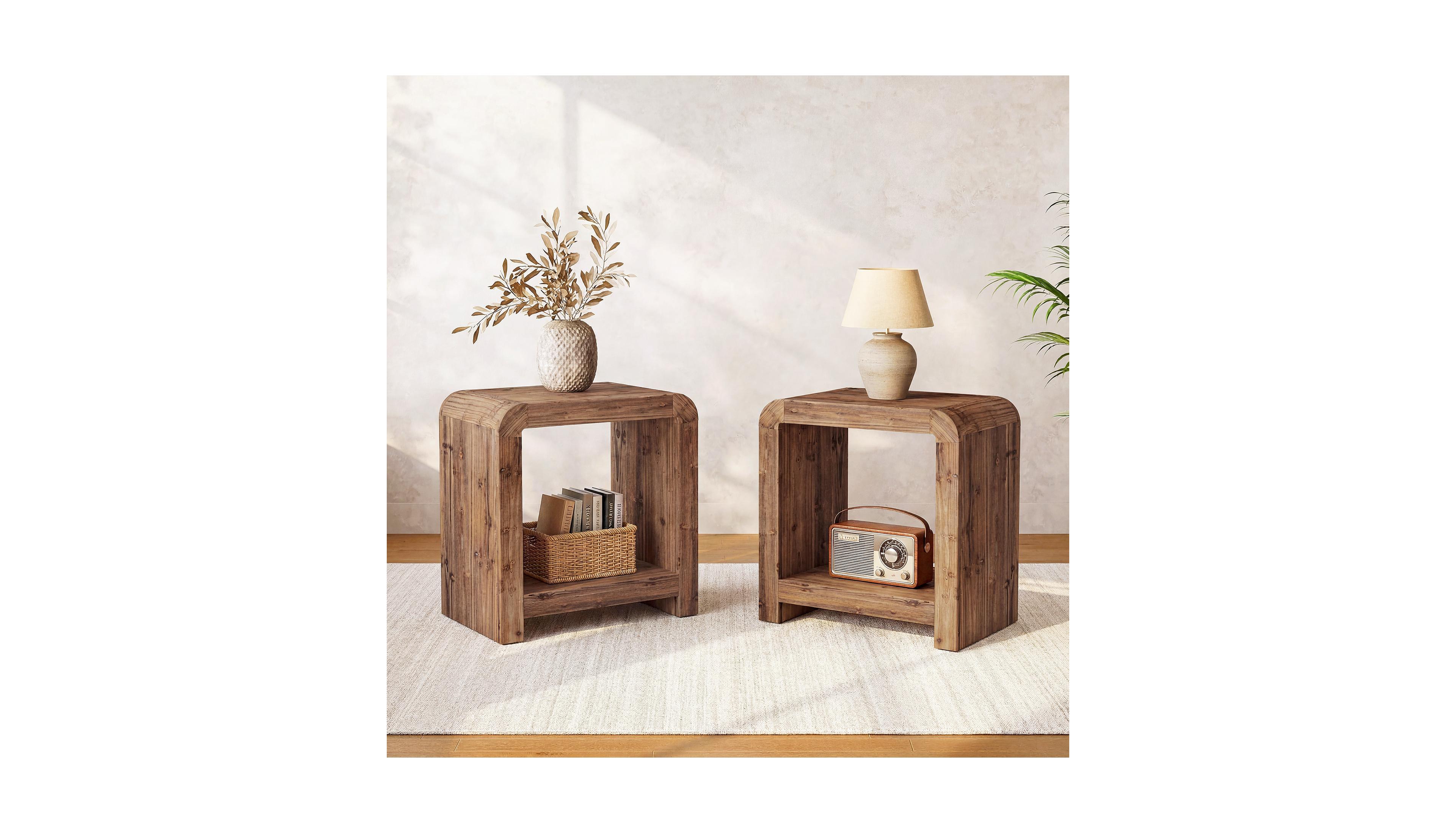 Tribesigns 2-Tier Solid Wood End Table Set of 2, Farmhouse Rustic Nightstand,Narrow Side Table with Storage Shelves