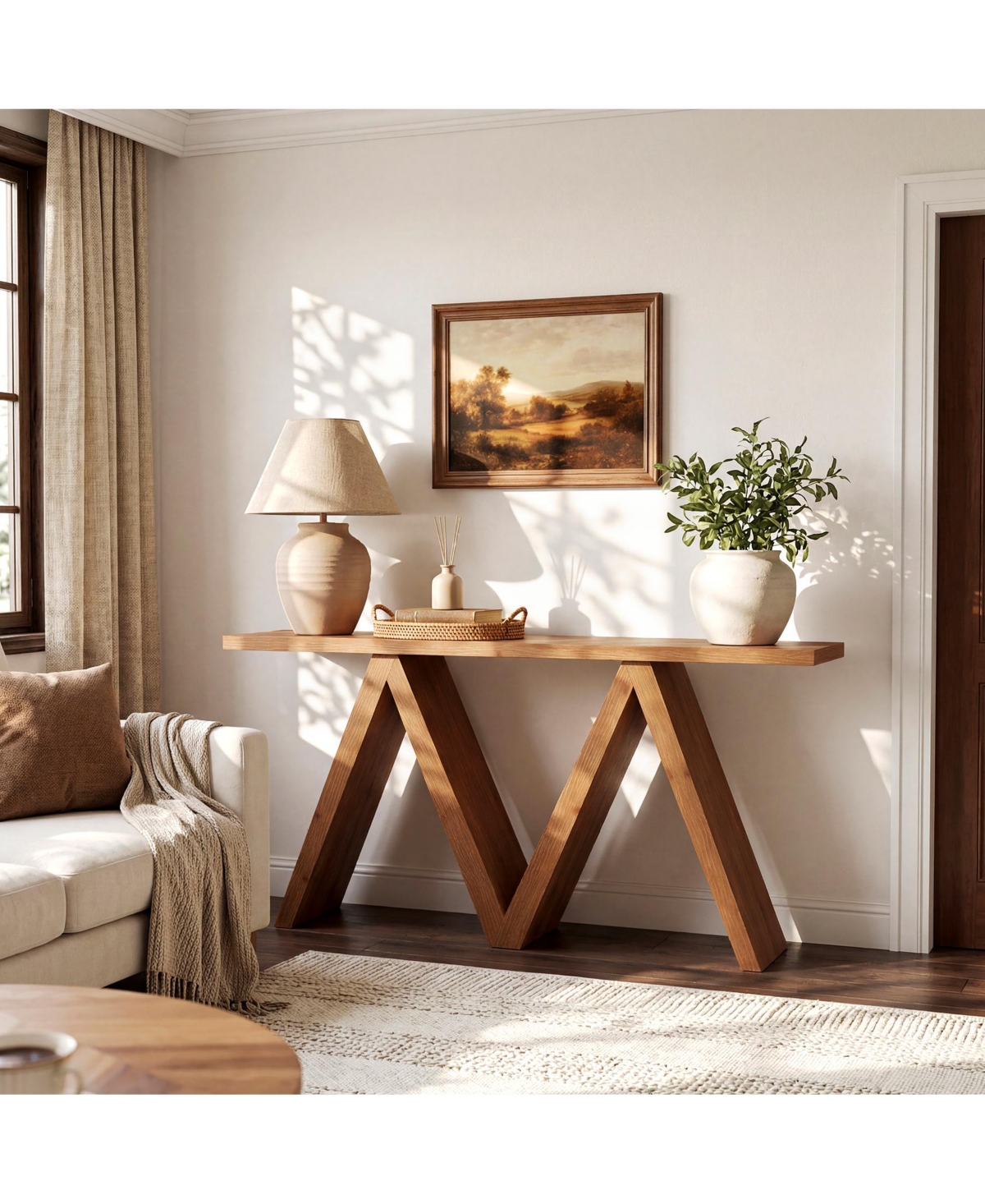 Tribesigns 63" Solid Wood Console Table with M-Shaped Base, Farmhouse Sofa Table for Entryway, Hallway, Living Room, Behind Sofa